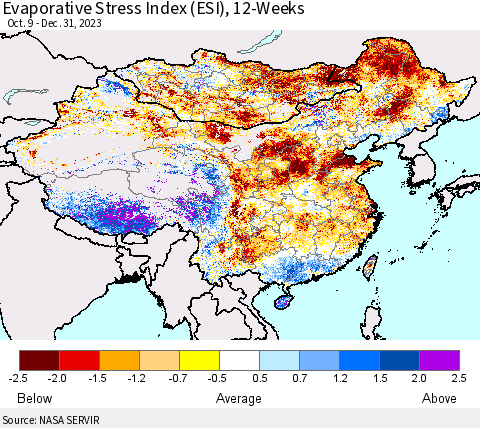 China, Mongolia and Taiwan Evaporative Stress Index (ESI), 12-Weeks Thematic Map For 1/1/2024 - 1/7/2024