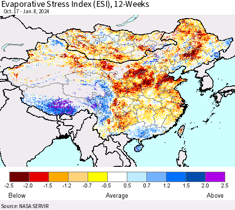 China, Mongolia and Taiwan Evaporative Stress Index (ESI), 12-Weeks Thematic Map For 1/8/2024 - 1/14/2024