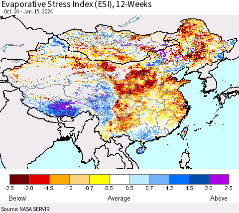 China, Mongolia and Taiwan Evaporative Stress Index (ESI), 12-Weeks Thematic Map For 1/15/2024 - 1/21/2024