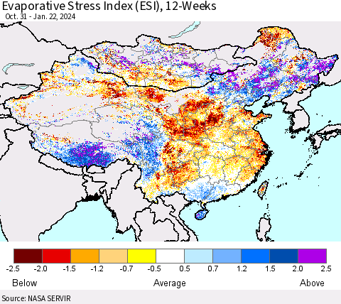 China, Mongolia and Taiwan Evaporative Stress Index (ESI), 12-Weeks Thematic Map For 1/22/2024 - 1/28/2024