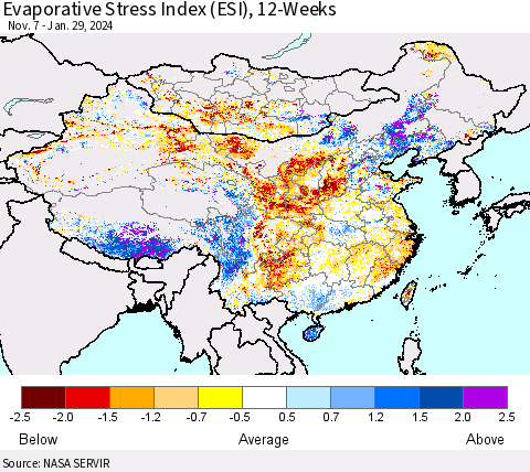 China, Mongolia and Taiwan Evaporative Stress Index (ESI), 12-Weeks Thematic Map For 1/29/2024 - 2/4/2024