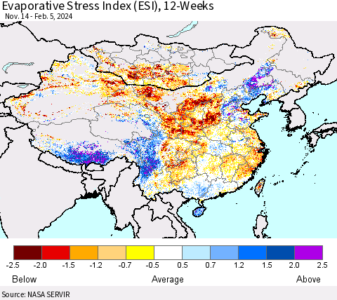 China, Mongolia and Taiwan Evaporative Stress Index (ESI), 12-Weeks Thematic Map For 2/5/2024 - 2/11/2024