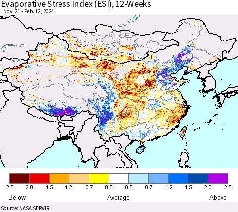 China, Mongolia and Taiwan Evaporative Stress Index (ESI), 12-Weeks Thematic Map For 2/12/2024 - 2/18/2024