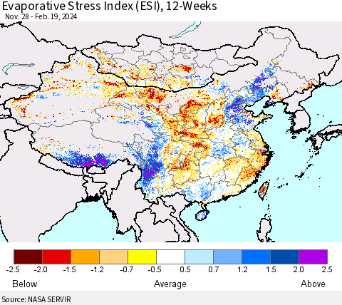 China, Mongolia and Taiwan Evaporative Stress Index (ESI), 12-Weeks Thematic Map For 2/19/2024 - 2/25/2024