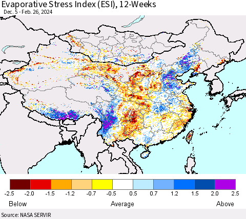 China, Mongolia and Taiwan Evaporative Stress Index (ESI), 12-Weeks Thematic Map For 2/26/2024 - 3/3/2024