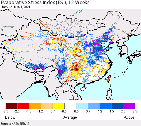 China, Mongolia and Taiwan Evaporative Stress Index (ESI), 12-Weeks Thematic Map For 3/4/2024 - 3/10/2024