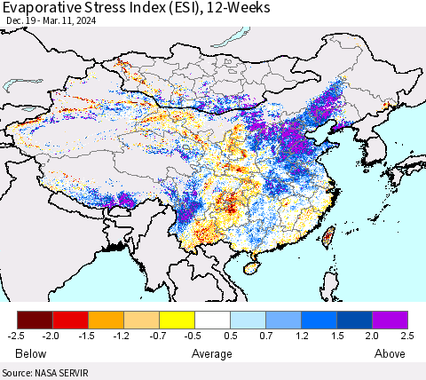 China, Mongolia and Taiwan Evaporative Stress Index (ESI), 12-Weeks Thematic Map For 3/11/2024 - 3/17/2024