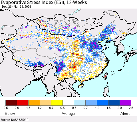 China, Mongolia and Taiwan Evaporative Stress Index (ESI), 12-Weeks Thematic Map For 3/18/2024 - 3/24/2024