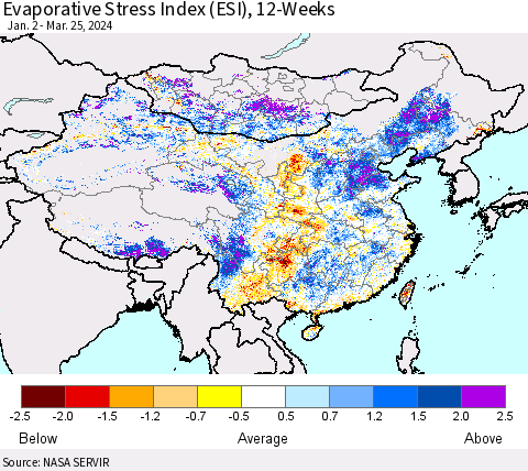 China, Mongolia and Taiwan Evaporative Stress Index (ESI), 12-Weeks Thematic Map For 3/25/2024 - 3/31/2024