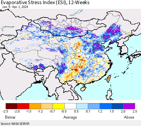 China, Mongolia and Taiwan Evaporative Stress Index (ESI), 12-Weeks Thematic Map For 4/1/2024 - 4/7/2024