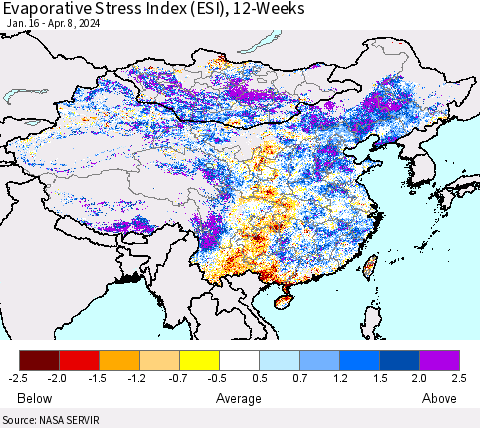 China, Mongolia and Taiwan Evaporative Stress Index (ESI), 12-Weeks Thematic Map For 4/8/2024 - 4/14/2024