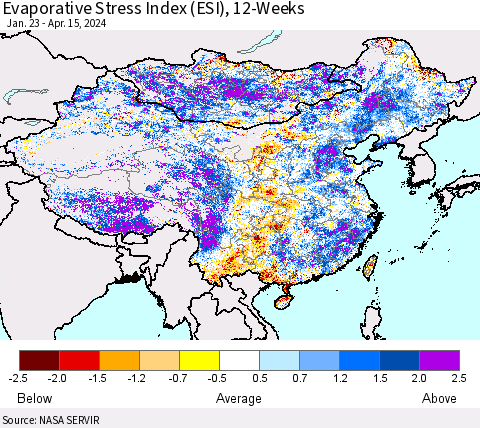 China, Mongolia and Taiwan Evaporative Stress Index (ESI), 12-Weeks Thematic Map For 4/15/2024 - 4/21/2024