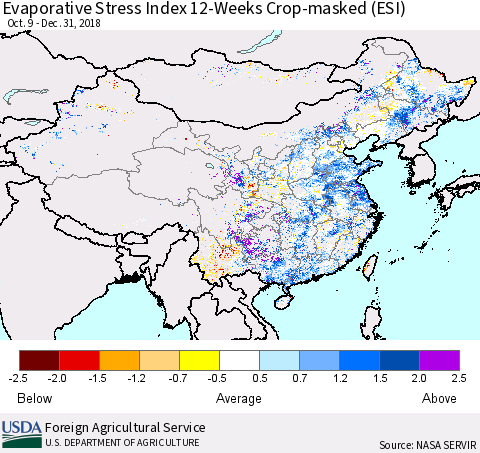 China and Taiwan Evaporative Stress Index 12-Weeks Crop-masked (ESI) Thematic Map For 12/31/2018 - 1/6/2019