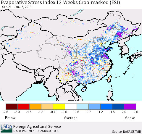 China and Taiwan Evaporative Stress Index (ESI), 12-Weeks over Croplands Thematic Map For 1/14/2019 - 1/20/2019