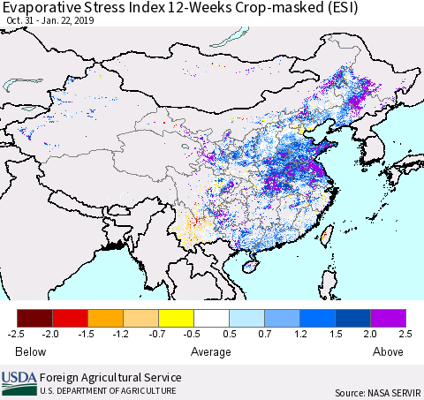 China and Taiwan Evaporative Stress Index 12-Weeks Crop-masked (ESI) Thematic Map For 1/21/2019 - 1/27/2019