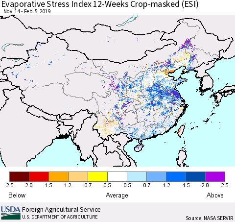 China, Mongolia and Taiwan Evaporative Stress Index (ESI), 12-Weeks over Croplands Thematic Map For 2/4/2019 - 2/10/2019