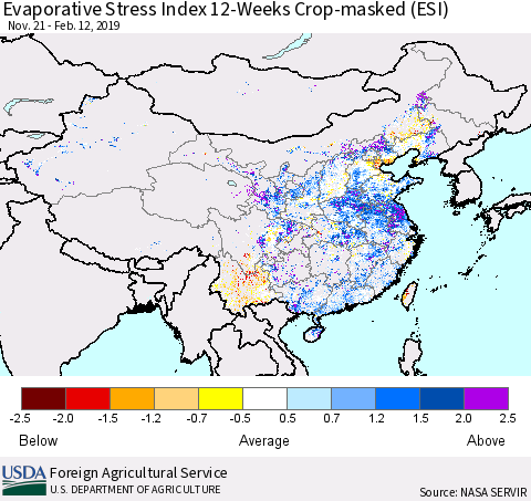 China and Taiwan Evaporative Stress Index (ESI), 12-Weeks over Croplands Thematic Map For 2/11/2019 - 2/17/2019