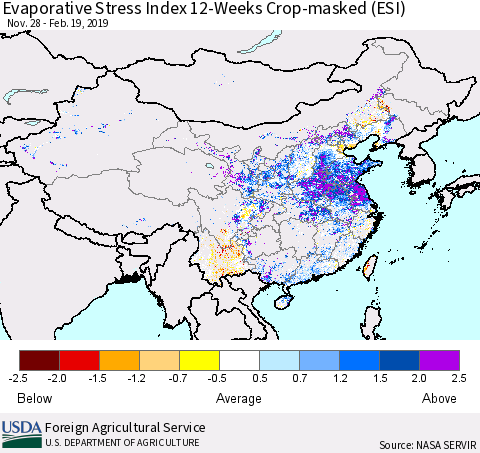 China, Mongolia and Taiwan Evaporative Stress Index (ESI), 12-Weeks over Croplands Thematic Map For 2/18/2019 - 2/24/2019