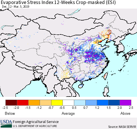 China and Taiwan Evaporative Stress Index 12-Weeks Crop-masked (ESI) Thematic Map For 3/4/2019 - 3/10/2019