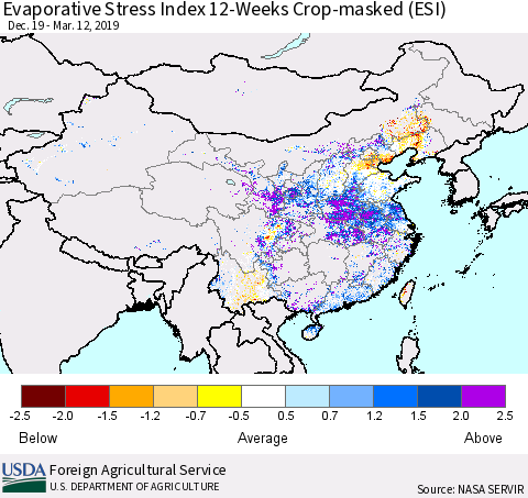 China and Taiwan Evaporative Stress Index (ESI), 12-Weeks over Croplands Thematic Map For 3/11/2019 - 3/17/2019