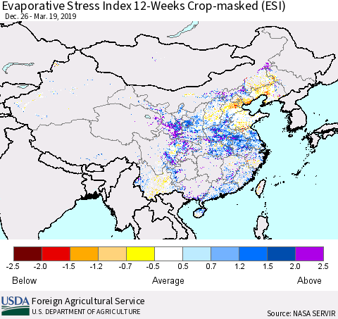 China, Mongolia and Taiwan Evaporative Stress Index (ESI), 12-Weeks over Croplands Thematic Map For 3/18/2019 - 3/24/2019