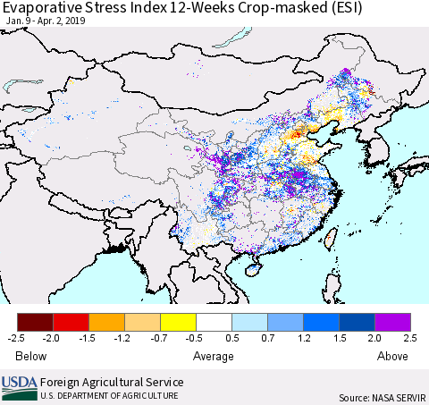 China and Taiwan Evaporative Stress Index (ESI), 12-Weeks over Croplands Thematic Map For 4/1/2019 - 4/7/2019