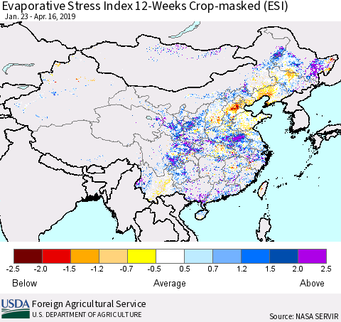 China, Mongolia and Taiwan Evaporative Stress Index (ESI), 12-Weeks over Croplands Thematic Map For 4/15/2019 - 4/21/2019