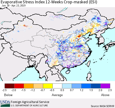 China and Taiwan Evaporative Stress Index 12-Weeks Crop-masked (ESI) Thematic Map For 4/22/2019 - 4/28/2019