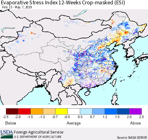 China and Taiwan Evaporative Stress Index 12-Weeks Crop-masked (ESI) Thematic Map For 5/6/2019 - 5/12/2019