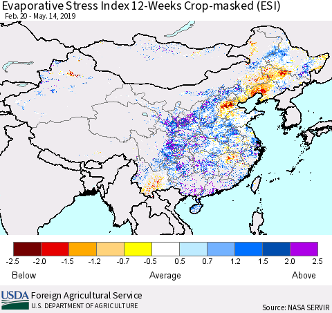 China and Taiwan Evaporative Stress Index (ESI), 12-Weeks over Croplands Thematic Map For 5/13/2019 - 5/19/2019