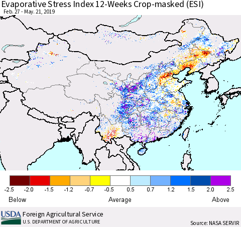 China and Taiwan Evaporative Stress Index 12-Weeks Crop-masked (ESI) Thematic Map For 5/20/2019 - 5/26/2019