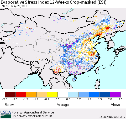 China and Taiwan Evaporative Stress Index (ESI), 12-Weeks over Croplands Thematic Map For 5/27/2019 - 6/2/2019