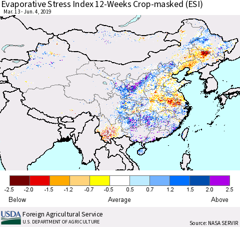 China and Taiwan Evaporative Stress Index 12-Weeks Crop-masked (ESI) Thematic Map For 6/3/2019 - 6/9/2019