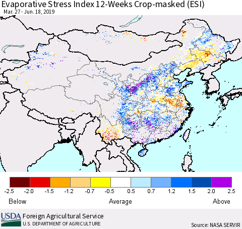 China and Taiwan Evaporative Stress Index (ESI), 12-Weeks over Croplands Thematic Map For 6/17/2019 - 6/23/2019