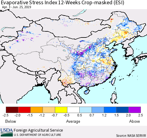China and Taiwan Evaporative Stress Index (ESI), 12-Weeks over Croplands Thematic Map For 6/24/2019 - 6/30/2019