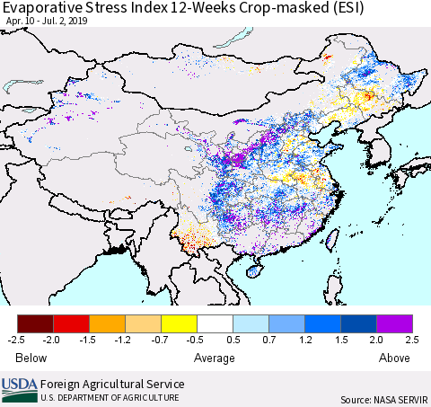 China, Mongolia and Taiwan Evaporative Stress Index (ESI), 12-Weeks over Croplands Thematic Map For 7/1/2019 - 7/7/2019