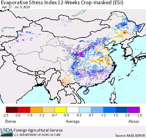 China and Taiwan Evaporative Stress Index (ESI), 12-Weeks over Croplands Thematic Map For 7/8/2019 - 7/14/2019