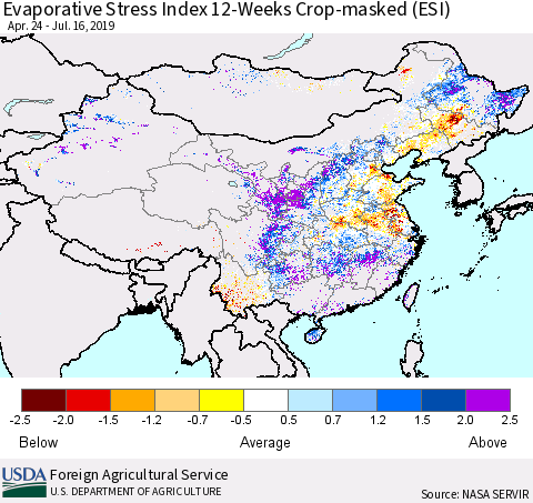 China and Taiwan Evaporative Stress Index (ESI), 12-Weeks over Croplands Thematic Map For 7/15/2019 - 7/21/2019