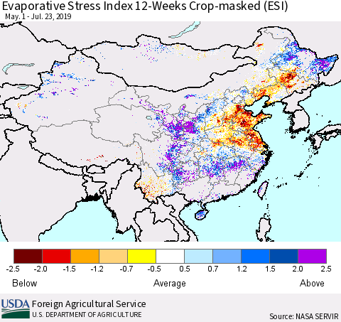 China and Taiwan Evaporative Stress Index (ESI), 12-Weeks over Croplands Thematic Map For 7/22/2019 - 7/28/2019