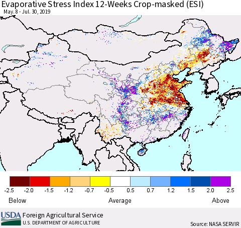 China and Taiwan Evaporative Stress Index (ESI), 12-Weeks over Croplands Thematic Map For 7/29/2019 - 8/4/2019