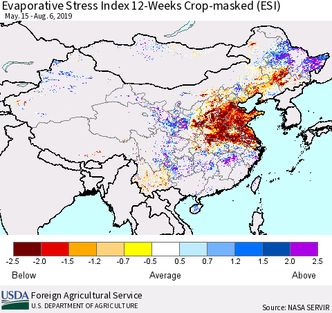 China and Taiwan Evaporative Stress Index (ESI), 12-Weeks over Croplands Thematic Map For 8/5/2019 - 8/11/2019