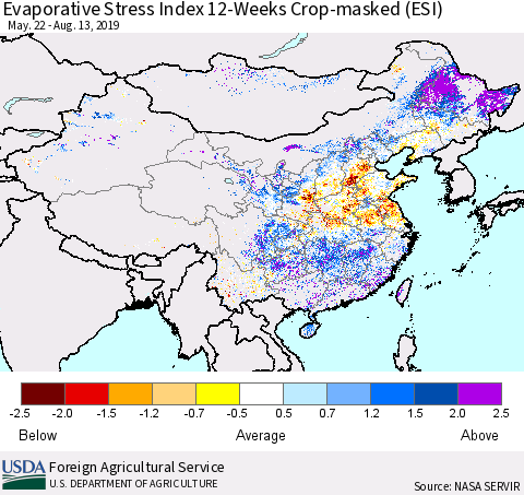China, Mongolia and Taiwan Evaporative Stress Index (ESI), 12-Weeks over Croplands Thematic Map For 8/12/2019 - 8/18/2019