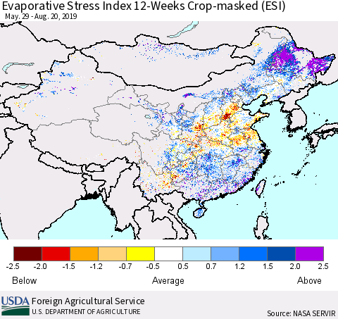 China, Mongolia and Taiwan Evaporative Stress Index (ESI), 12-Weeks over Croplands Thematic Map For 8/19/2019 - 8/25/2019