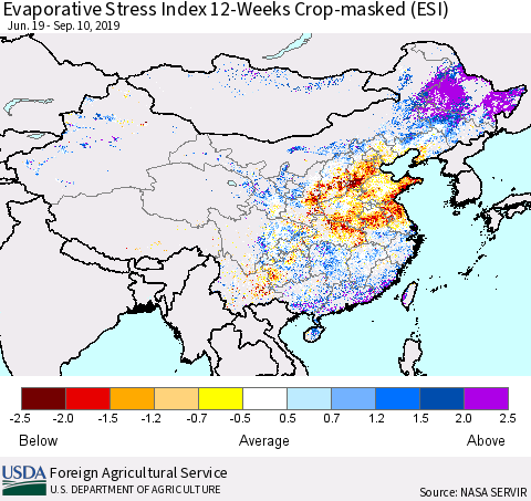China and Taiwan Evaporative Stress Index (ESI), 12-Weeks over Croplands Thematic Map For 9/9/2019 - 9/15/2019