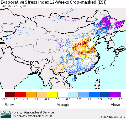 China and Taiwan Evaporative Stress Index (ESI), 12-Weeks over Croplands Thematic Map For 9/16/2019 - 9/22/2019