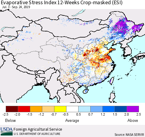 China, Mongolia and Taiwan Evaporative Stress Index (ESI), 12-Weeks over Croplands Thematic Map For 9/23/2019 - 9/29/2019