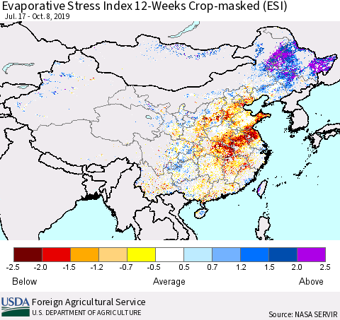 China and Taiwan Evaporative Stress Index (ESI), 12-Weeks over Croplands Thematic Map For 10/7/2019 - 10/13/2019