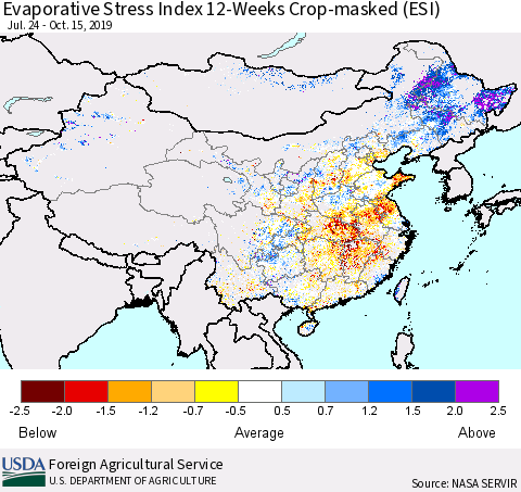 China, Mongolia and Taiwan Evaporative Stress Index (ESI), 12-Weeks over Croplands Thematic Map For 10/14/2019 - 10/20/2019
