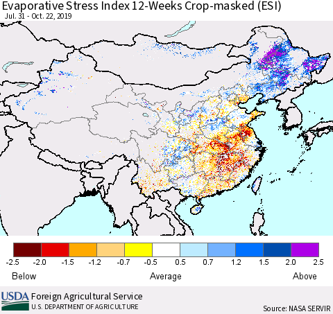 China, Mongolia and Taiwan Evaporative Stress Index (ESI), 12-Weeks over Croplands Thematic Map For 10/21/2019 - 10/27/2019