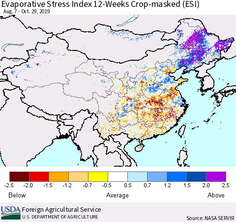 China and Taiwan Evaporative Stress Index (ESI), 12-Weeks over Croplands Thematic Map For 10/28/2019 - 11/3/2019